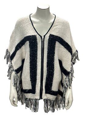 Handcrafted Luxury Black White Poncho Geometric Design Fringe Knit Zip Up One Si